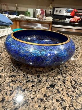 Blue Cloisonné Decorative Brass-Rimmed Bowl